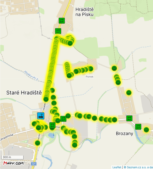 Mapa, Staré Hradiště (střední, západní a severní část), Hradiště na Písku, Brozany, Psinek
